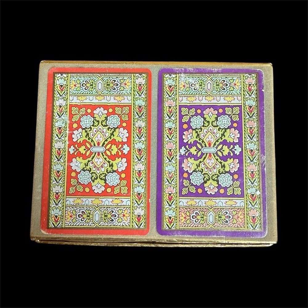 Vtg Congress Playing Cards Double Deck Set in Box, Cel-U-Tone Finish Red/Purple
